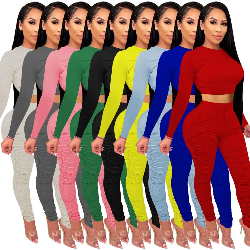

Women's Two Piece Pants Women Solid Fitness Two-piece Set Long-sleeved Round Neck Skinny Open Navel Tops High Waist Lace-up Casual Pleated 2, White