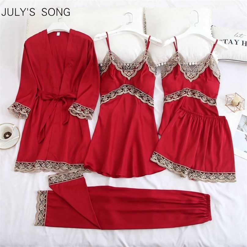 

JULY'S SONG 5 PC's Pajamas Silk Satin Sleepwear Set Summer Sling Shorts Lace Sexy Robe For Woman Loungewear 211106, 4pcs color 02