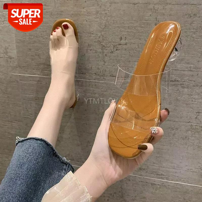 

Crystal Women Shoes 2021 Summer New Outdoor Slippers Transparent PVC Square Head Ladies Sandals Zapatillas Mujer Casa #T13V, Black