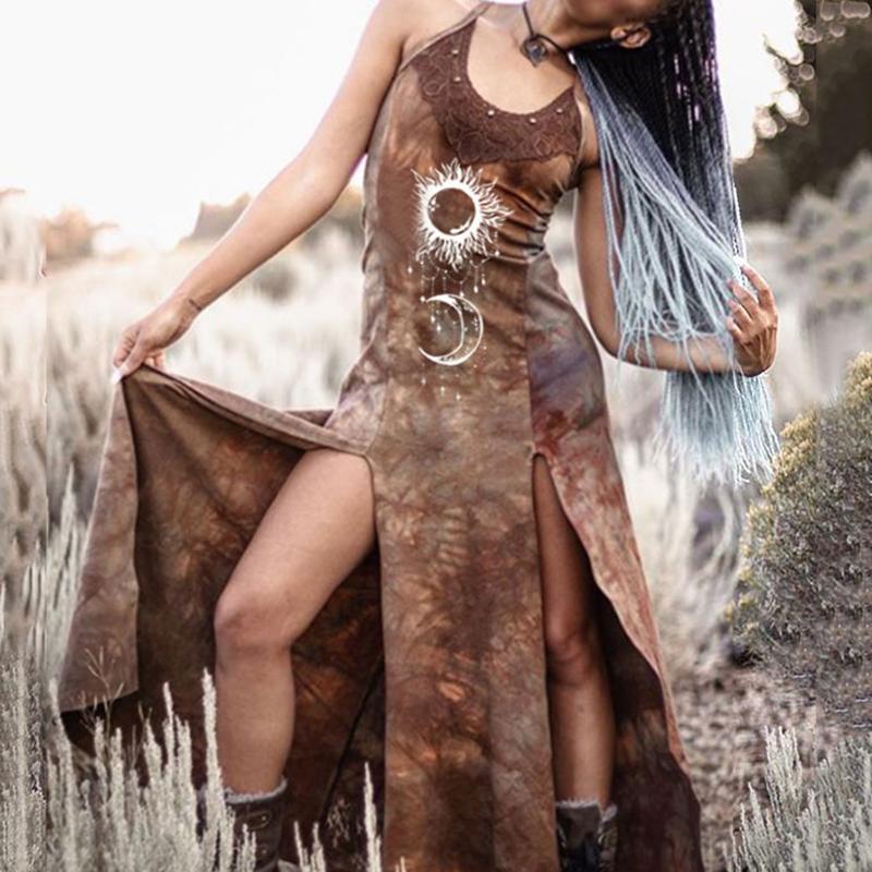 

Casual Dresses Beach Outing Women' Gothic Clothes Summer Retro Dyeing Lace Print Split Sexy Long Slip Dress Clothing 2021