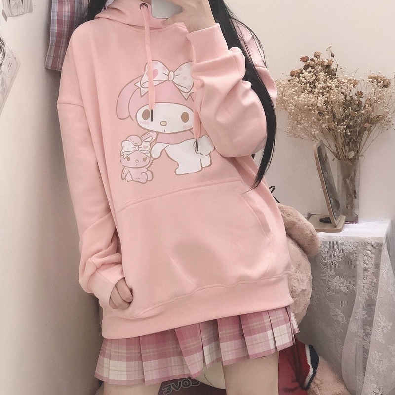 

New Deeptown Anime Winter 2021 Fashion Kawaii Pink Print Hoodie Long Sleeve Cute Tops Warm Plus Veet Sweatshirt Women Ipt3, Fen