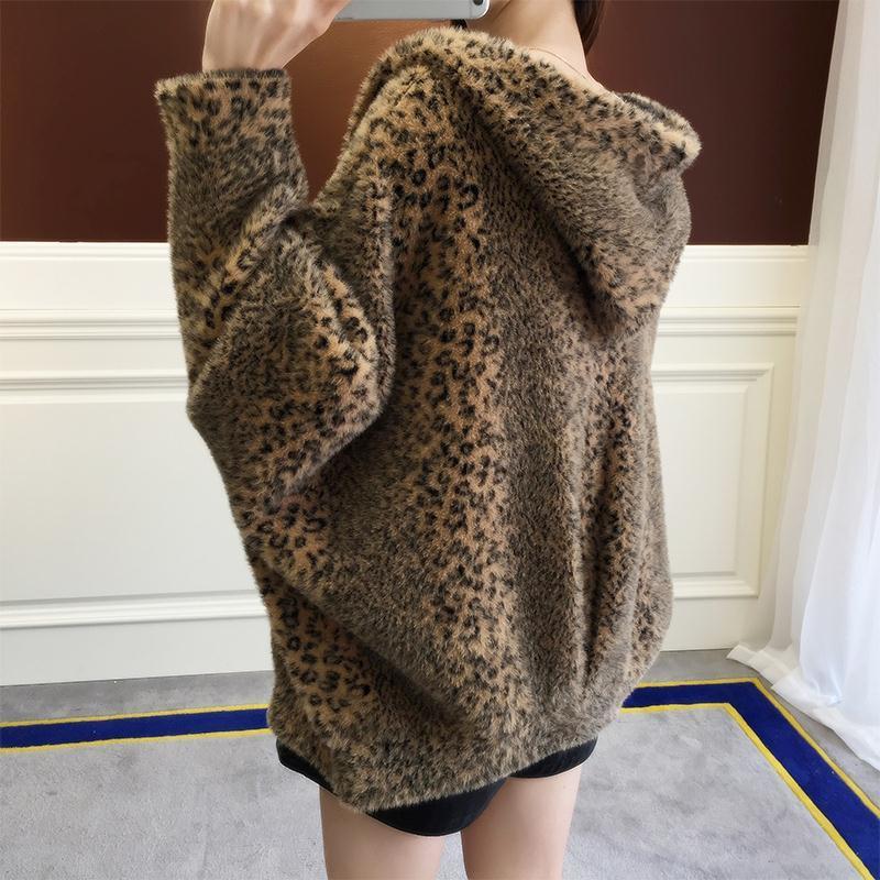 

Women's Fur & Faux Women Mink Thick Coat Leopard Bomb Hooded Jacket, Black