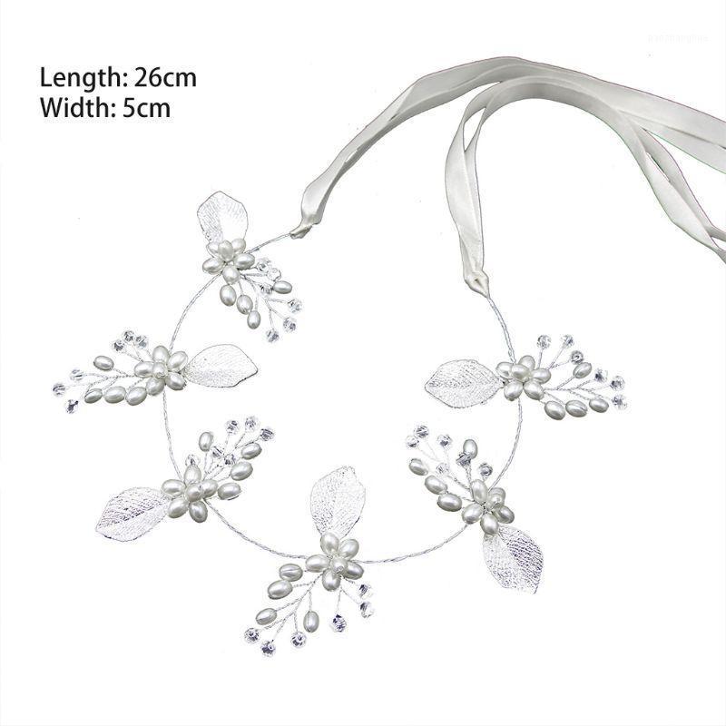 

Bride Wedding Party Dress Accessories Hair Band With Ribbon Imitation Pearl Leaves Charm Women Headdress Clips & Barrettes, Golden;silver