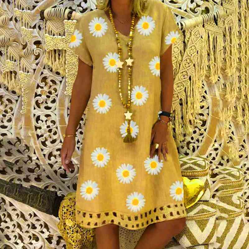 

S-5xl Oversized Dress Summer Boho Women Vintage V-neck Floral Print Dress Short Sleeve Loose Beach Casual Midi Dresses Robe, Black;gray