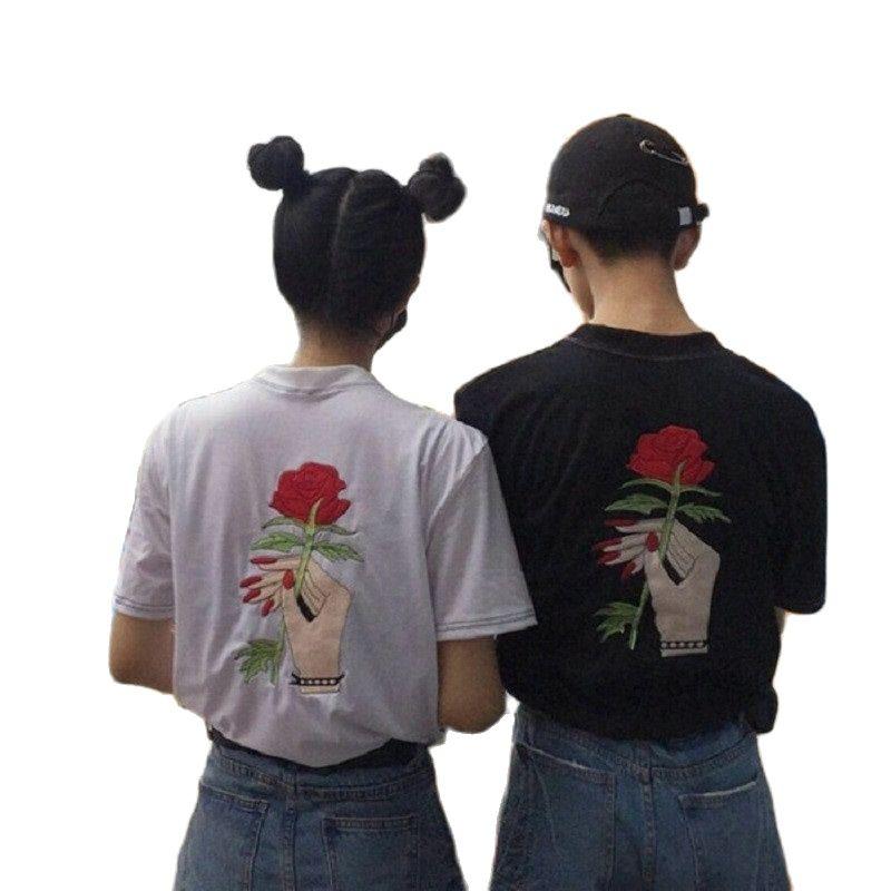 

Women' T-Shirt Japanese Harajuku Embroidery Loose Couples Casual Tees, Black