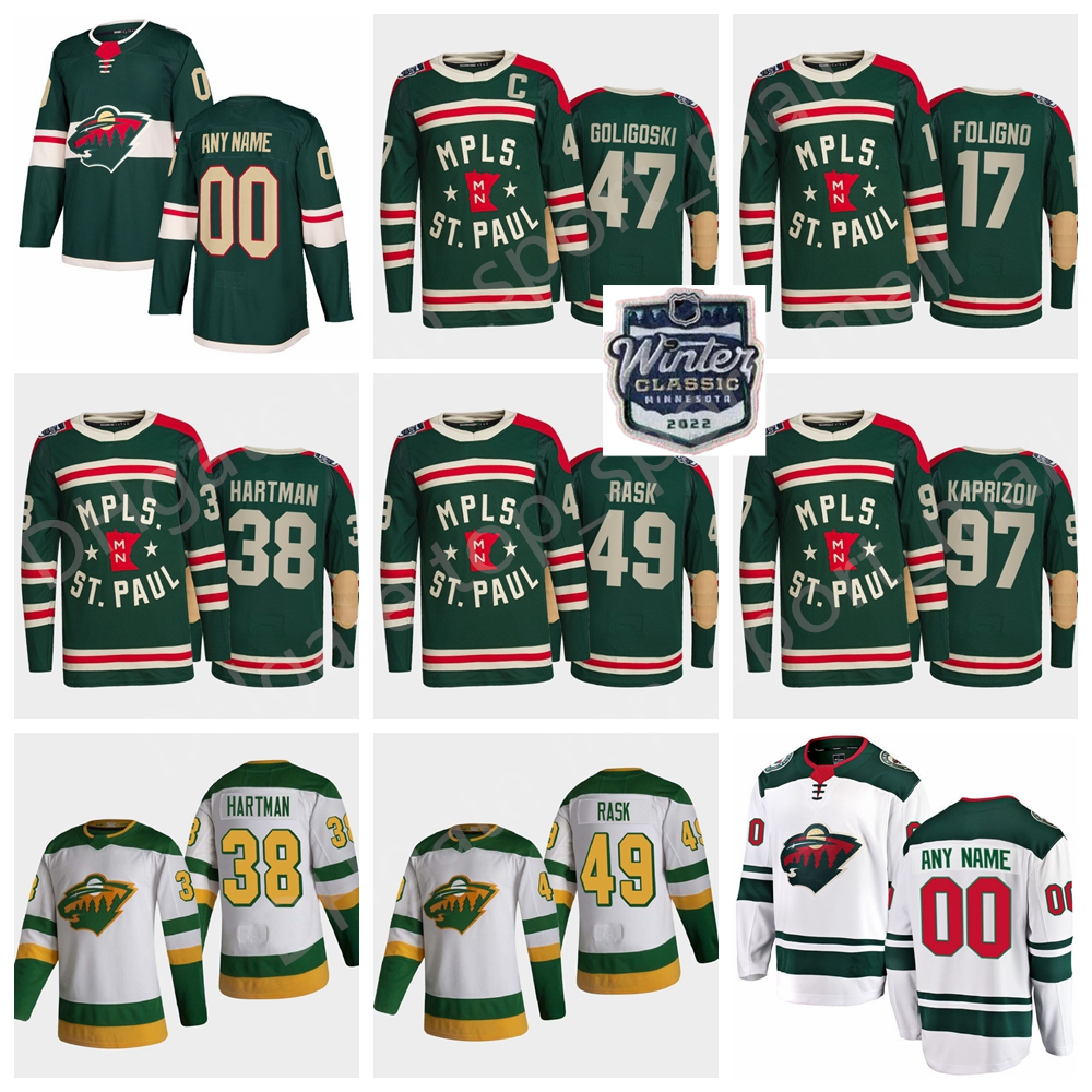 

2022 Winter Classic Minnesota Wild 40 Jordie Benn Jersey 17 Marcus Foligno 49 Victor Rask 38 Ryan Hartman 47 Alex Goligoski 22 Kevin Fiala Mats Zuccarello Green Hockey, White