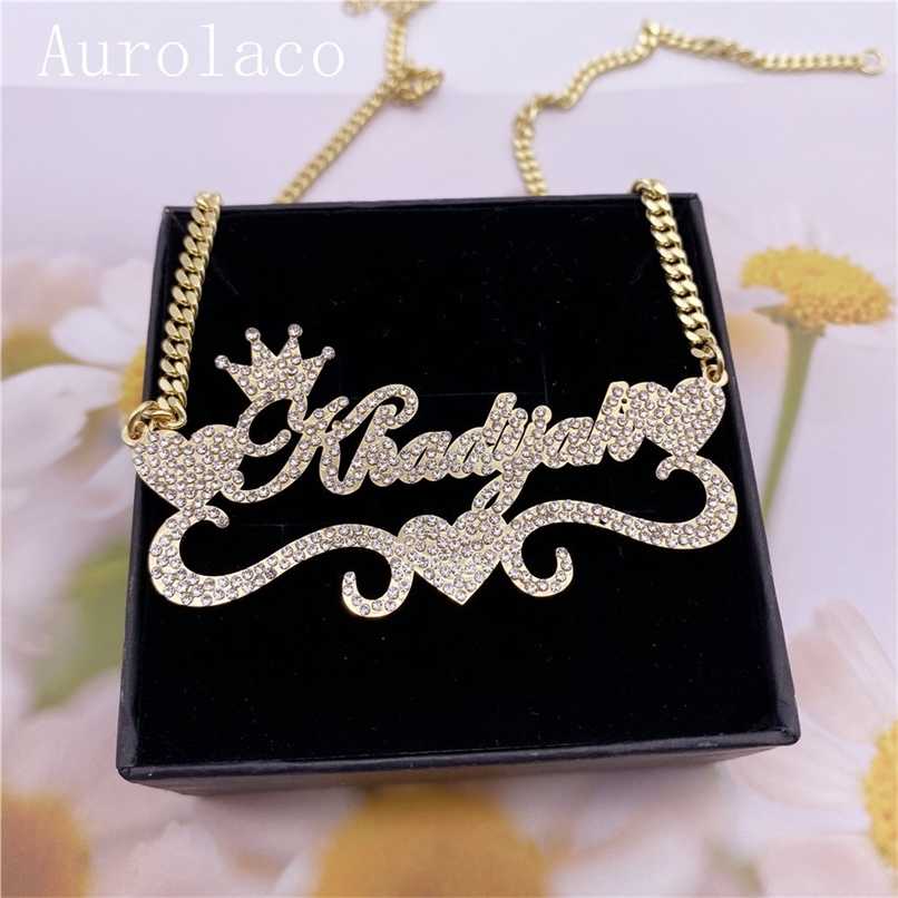 

AurolaCo Custom Name Necklace with Diamond Custom Bling Name Necklace Stainless Steel Gold Nameplate Necklace For Women Gift 211110