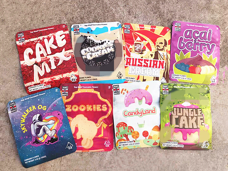 

3.5G mylar bag boyz 8 designs resealable zipper with stickers edibles dry herb flower packaging zookies skywalker OG candland jungle cake mix