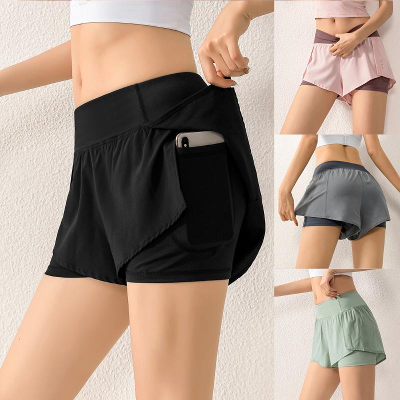 

2021 Women Gym Double Shorts Side Pocket Running Shorts Breathable Quick Dry Yoga Women Workout Fitness Sportwear, Green 2
