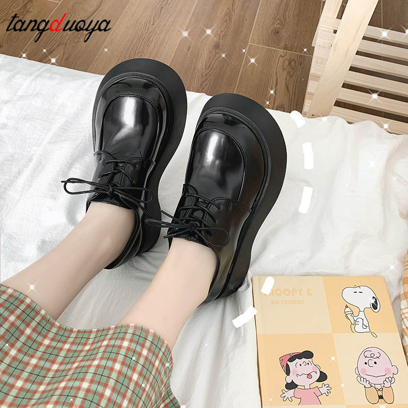 

Round Toe Platform Oxford Shoes for Women Chunky Heel British Style High Heel Women Pumps Lace up Mary Janes Shoes Women lolita, Black