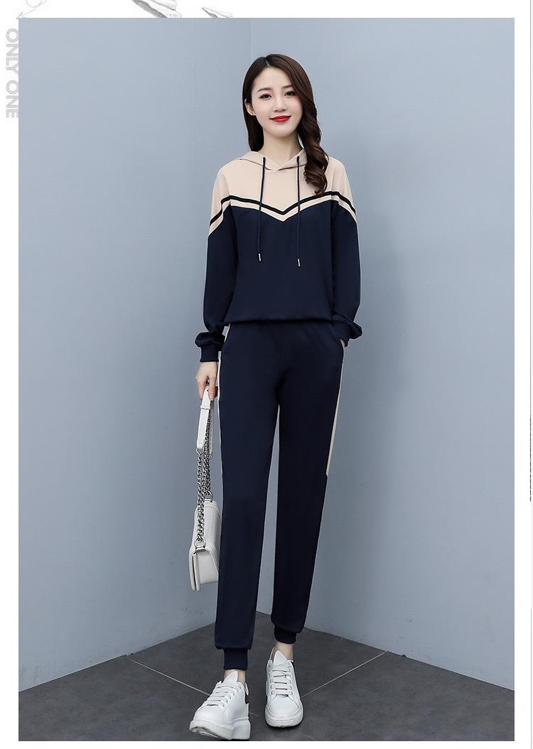 

Women's Two Piece Pants Sportswear Spring And Autumn Leisure Fashion Splicing Suit Hoodie Trousers., Blue