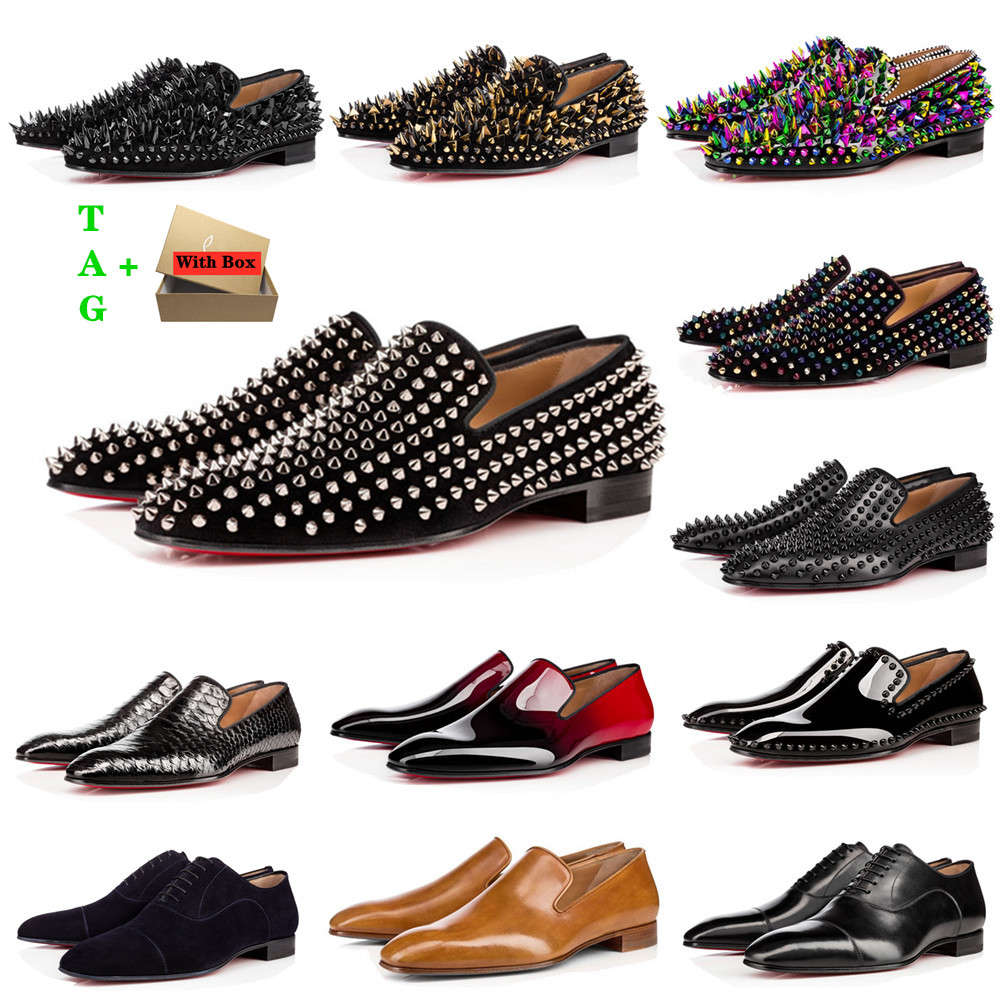 

Mens Red Bottom Shoes Low Flat Rivets Embroidery Man Business Banquet Dress Shoe Patent Suede Stylist Spikes Genuine Leather, 18