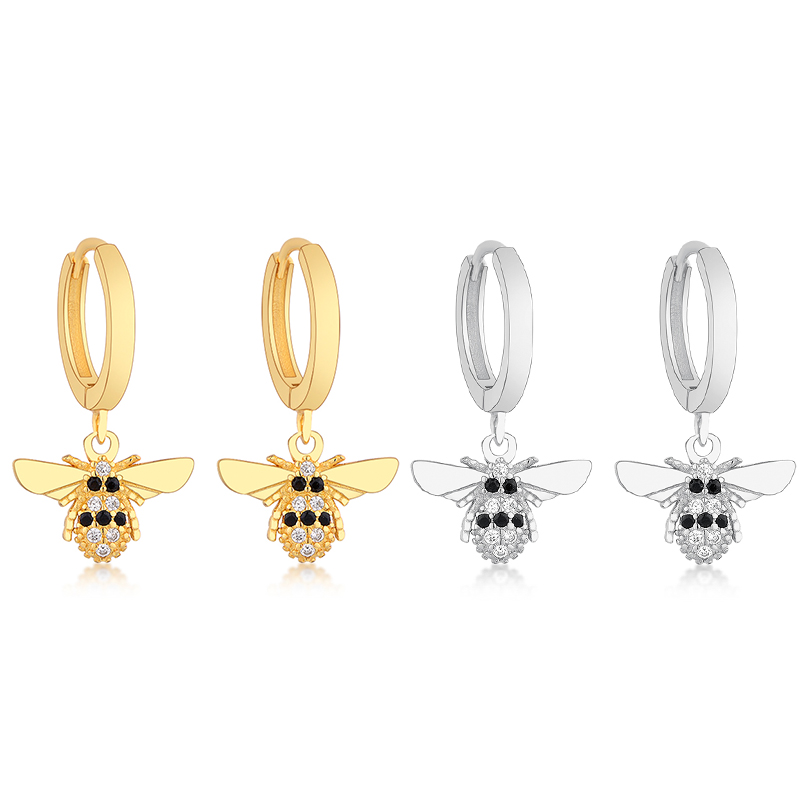 

925 Sterling Silver Gold Color Honey Bee Mix Black Zircon Plain Hoop Earring For Women Ear Piercing Pendientes