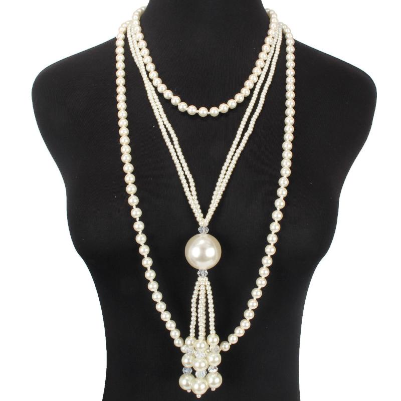 

Pendant Necklaces 2 Pieces Hand-made Multi Layer Imitation Pearl Necklace Chain White Big DIY Sweater For Women Party Jewelry