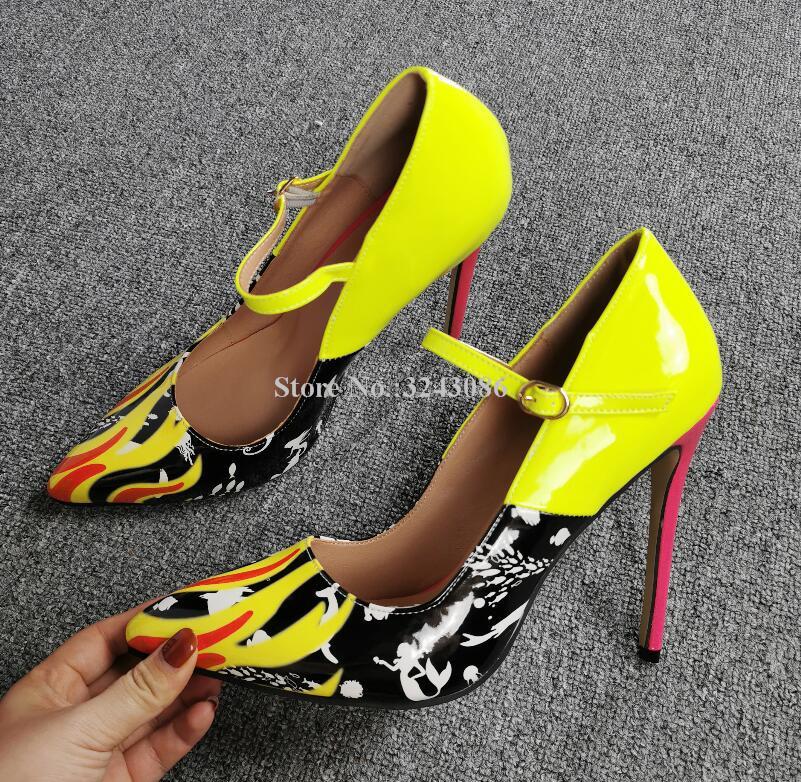 

New Printed Patent Leather Stiletto Heel Pumps Shoes Lady Sexy Pointed Toe Buckle Strap Single Shoes Women Popular Party, Color 1