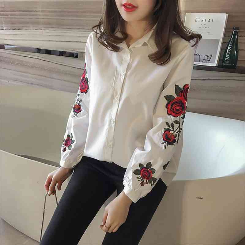 

plus size shirt women long sleeve white cotton flower embroidery ladies blouse office puff sleeve button up 4xl