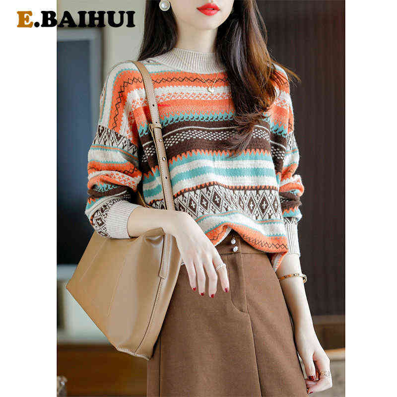 

EBAIHUI Vintage Striped Knitted Sweater Women 2021 Autumn Flower O Neck Elastic Stretchy Sweater Famale Tops Multicolor Winter Y1110, Orange
