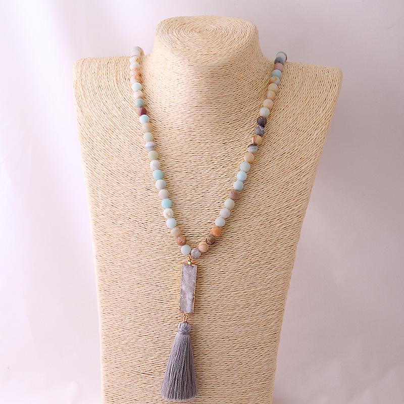 

Pendant Necklaces Fashion Bohemian Tribal Jewelry Beads Halsband Frosted Amazonite Stones With White Rectangle Druzy Grey Tassel Necklace, Silver