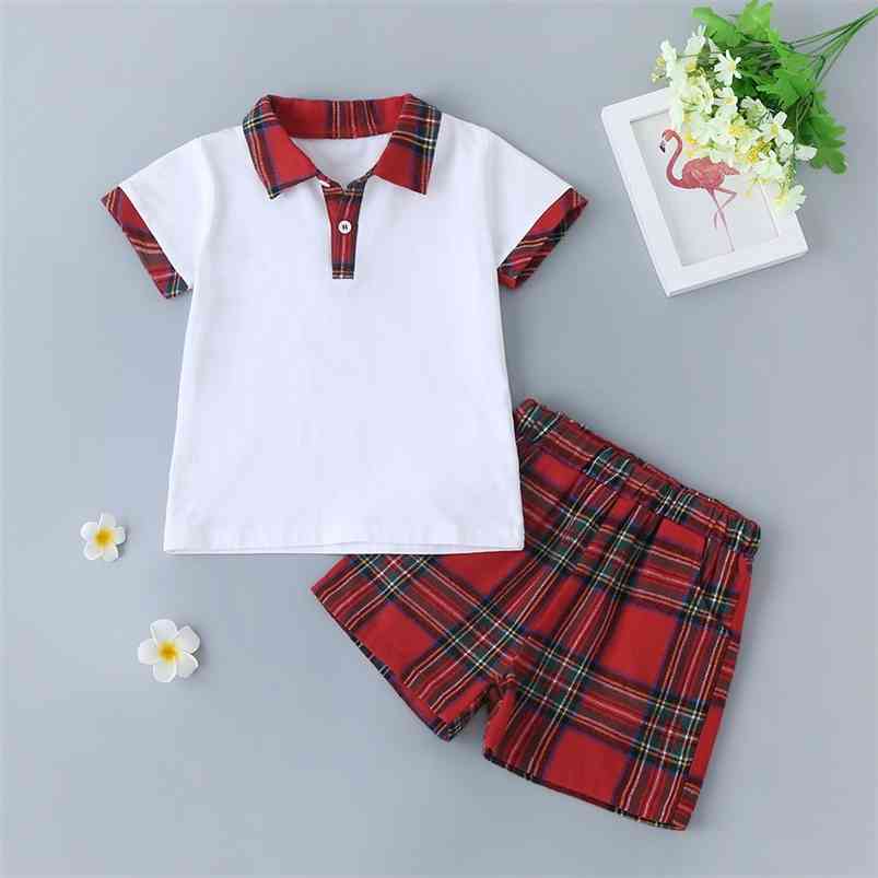 

Summer Children Sets Casual Girls Cotton Short Sleeve Turn-down Collar T-shirt Red Plaid Pants Clothes 3M-24M 210629, White