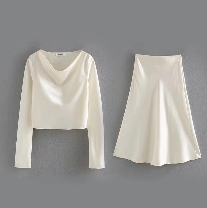 

2021 Spring French Bright Satin Long Sleeve Shirt Sexy Women A line Long Skirt Crop Top Short Pullover Blouse Tops 2 Pieces Set, White