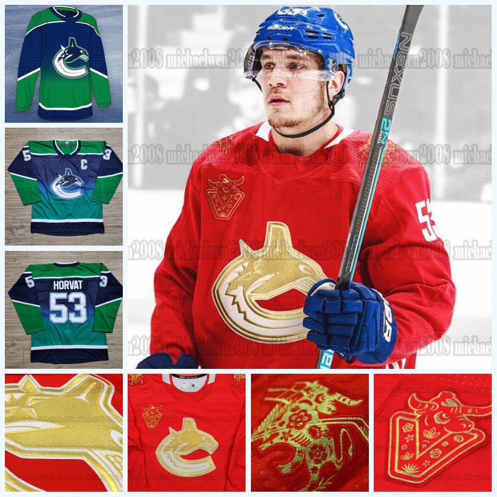 

Bo Horvat Vancouver Canucks 2021 chinese new year jersey Braden Holtby Brandon Sutter Brock Boeser Quinn Hughes Tanner Pearson Jake Virtanen, Youth home blue