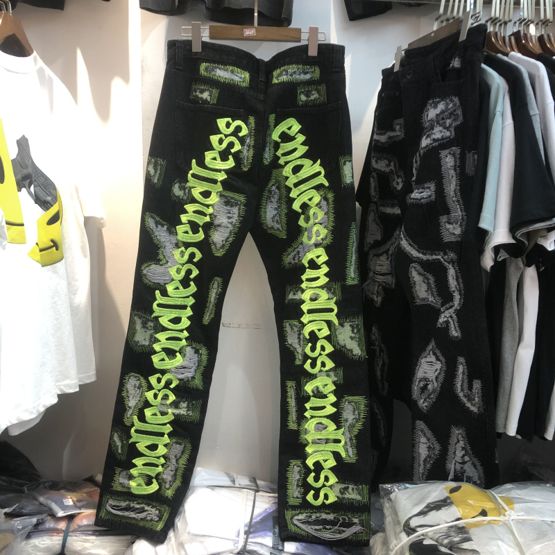 

Damage Hole Distressed Denim Jean Men Women Straight Green Letter Embroidery Denim Pants