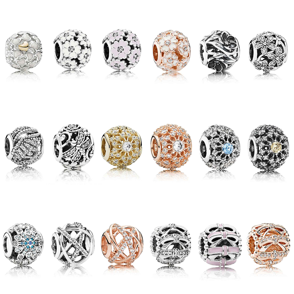 

Fashion New S925 Silver Openwork Abundance Love White Primrose Flower Meadow Bow Beaded Diy Bracelet Female Jewelry Q0531