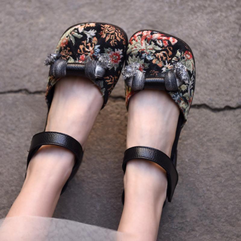 

Sandals Artmu Genuine Leather Women's 2021 Women Shoes Closed Head Retro Embroider Square Ladies, Black