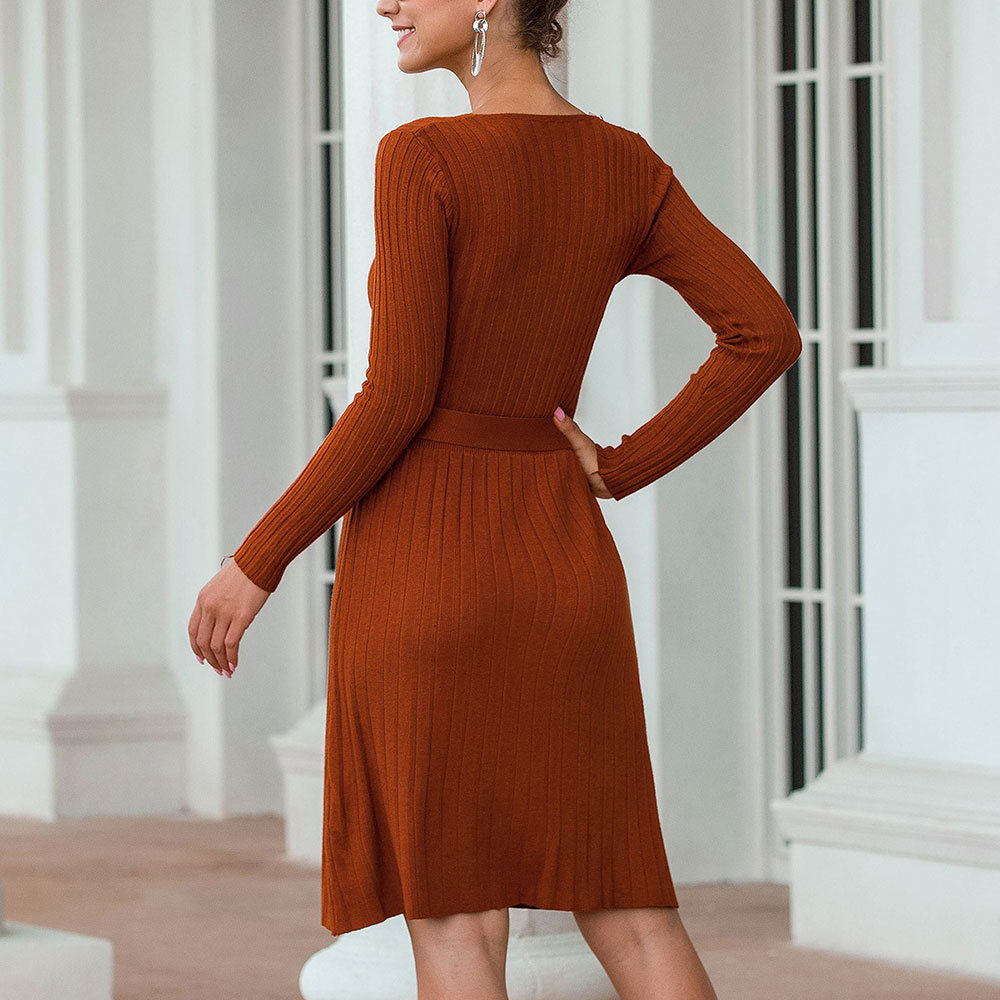 

2021 New Vintage Long Sleeve Knitted Elegant v Neck Button Slim a Line Casual Office Knee-length Sweater Pw2v, Brown