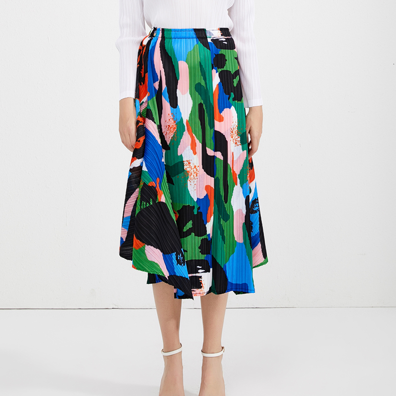

2021 New Latest Summer Women Pleated Graffiti Painting Cute Print Large Size Wide Leg Casual A-line Skirt 5196 G4ox, Green