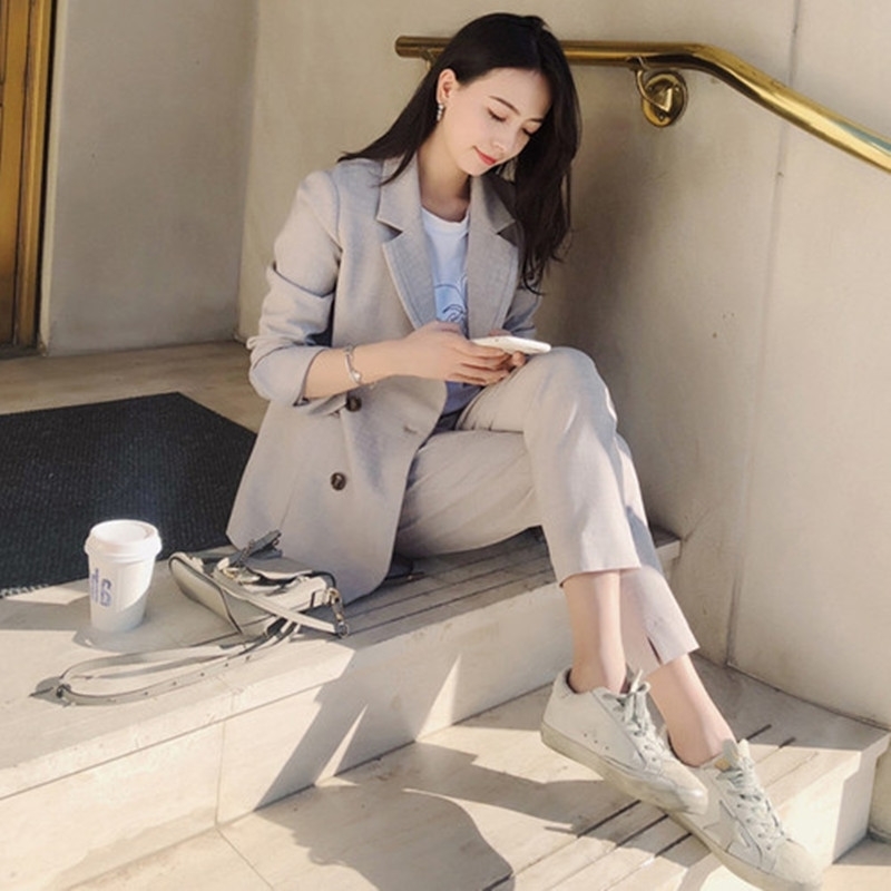 

Women 2 Two Piece Sets Short Gray Solid Blazer + High Waist Pant Office Lady Notched Jacket Suits Korean Outfits Femme 210525