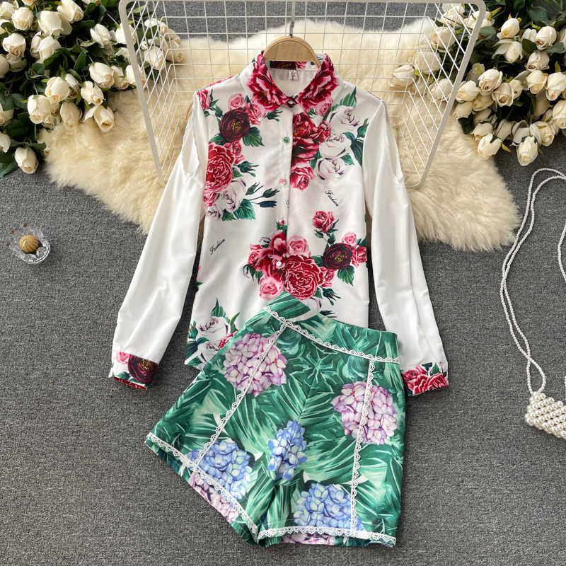 

DEAT Women Tprinting Shorts Arrivals Lapel Long Sleeve Two Piece Set Fashion Temperament Spring Summer 11D59109M 210709, Decor suit