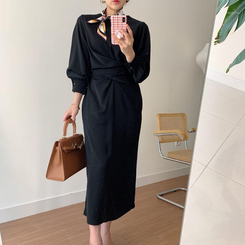 

Casual Dresses Dress Japanese Style 2021 Autumn Solid Color Long Sleeve Round Neck Cross High Waist Fashion Temperament Elegance Women, Black