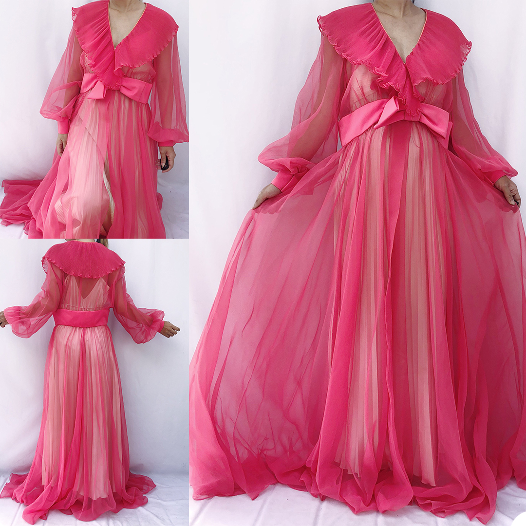 

2021 Pink Illusion Ruffles Tulle Sleepwear Long Sleeve Sexy Kimono Pregnant Party Birdal Wraps Women Bathrobe Sheer Nightgown Robe Undergarments