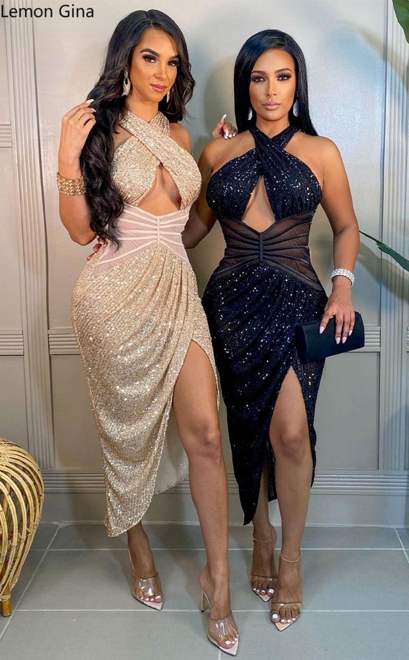 

Casual Dresses Lemon Gina Women Sequins Mesh Patchwork Halter Neck Backless Irregular Maxi Dress Vintage Sexy Party Clubwear Sleeveless, Beige