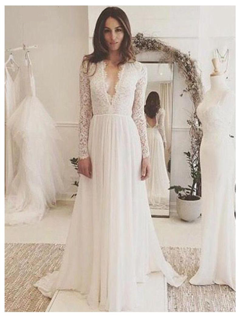 

2021 New Boho Long Sleeve Lace Appliques Chiffon Wedding Gown Summer Beach Bride Robe Mariage Y20g, White