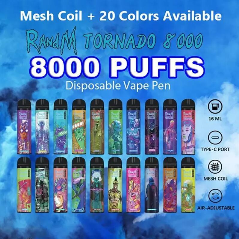 

Original RandM TORNADO 8000 Puff Disposable Vape Pen E Cigarette With Airflow Control Rechargeable 1000mAh Battery Mesh Coil 16ml Prefilled Pod Big Vapor Kit