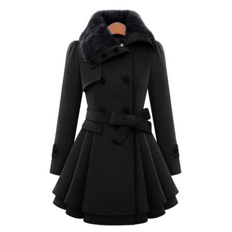 

Woolen Coat Double Breasted Lapel Long Coat Female Thicken Autumn Winter Slim Belt Pleated Trench Coats Lady Fur Collar Peacoat, Black