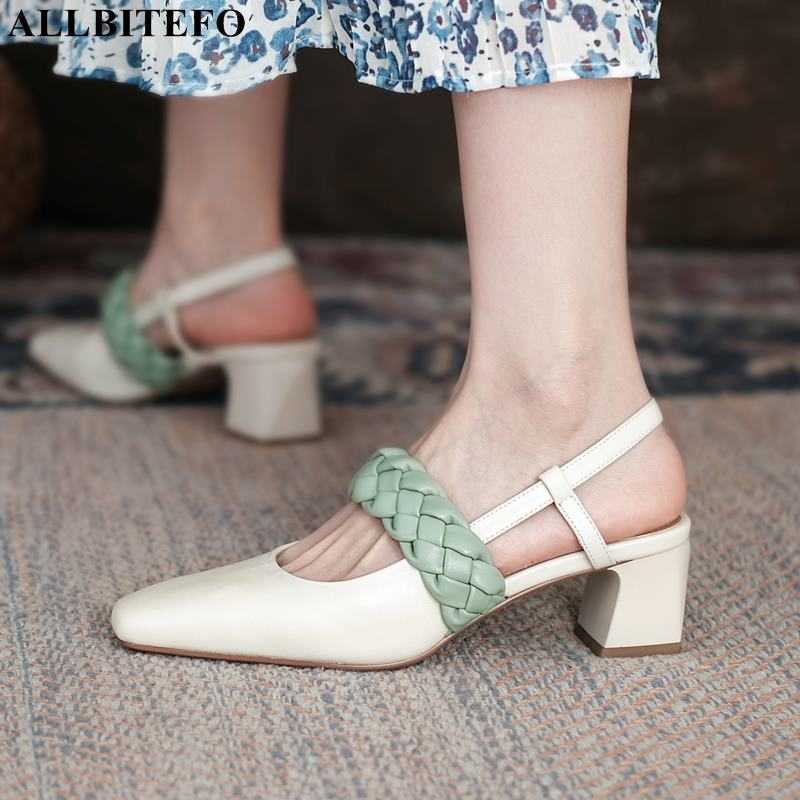 

ALLBITEFO Fashion retro genuine leather thick heels office ladies shoes square toe women heels shoes summer women sandals 210611, As picture