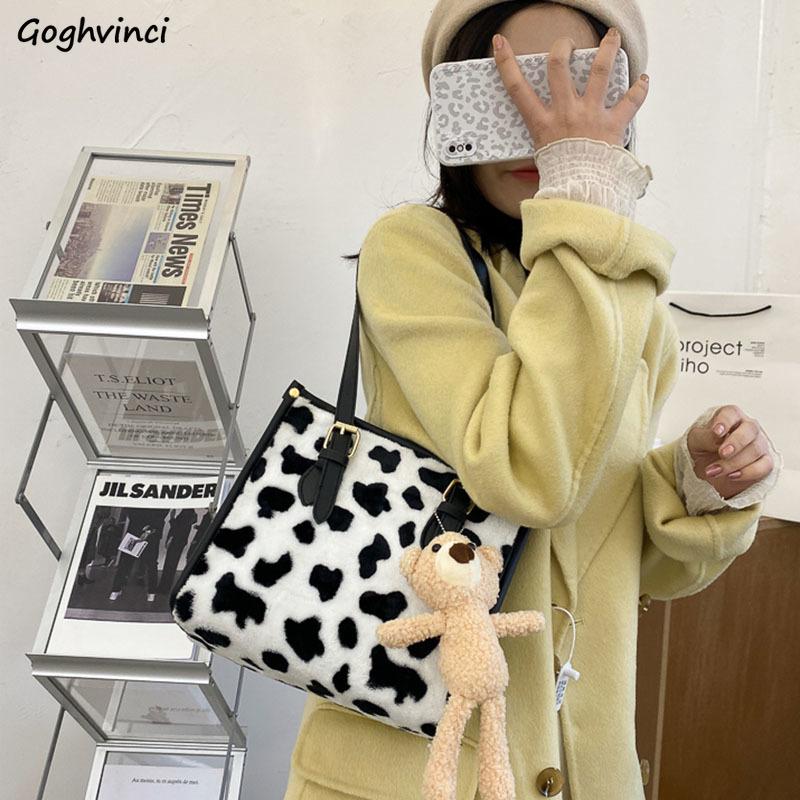 

Shoulder Bags Women New Fashion Cow Patchwork Soft Kawaii Flap Faux Fur Casual Teens Youth Ladies Female Korean Kpop Handbag New, White no pendant