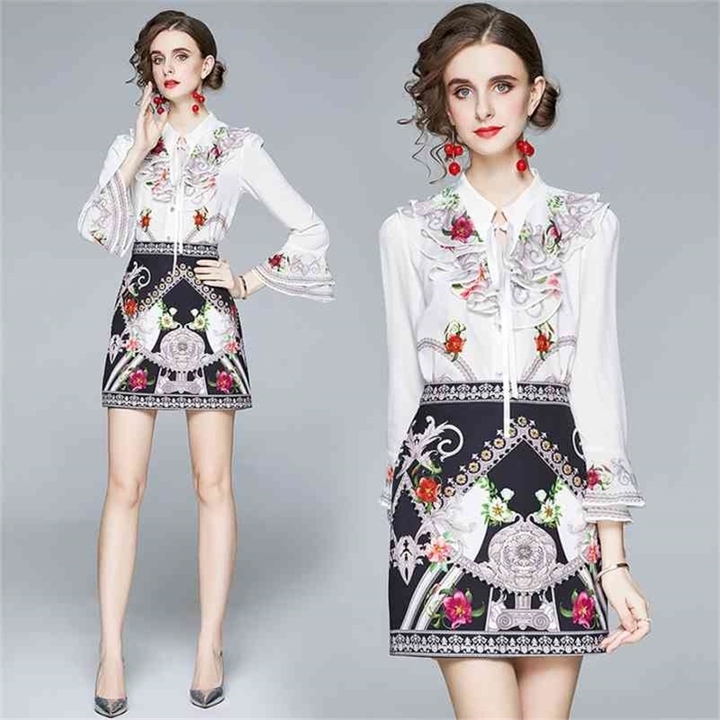 

Spring women's style ruffled collar flared sleeve shirt printing half skirt suit 210525, White