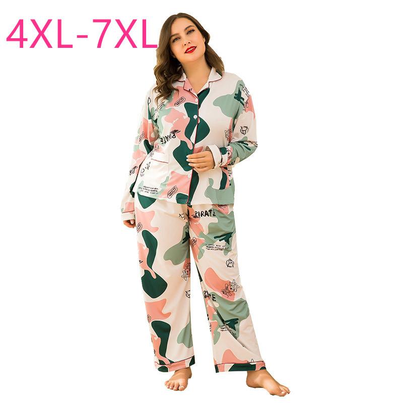 

Two Piece Dress Spring Autumn Plus Size Pajamas For Women Button Floral Print Shirt And Long Pants Home Wear Suits  5XL 6XL 7XL, Multi