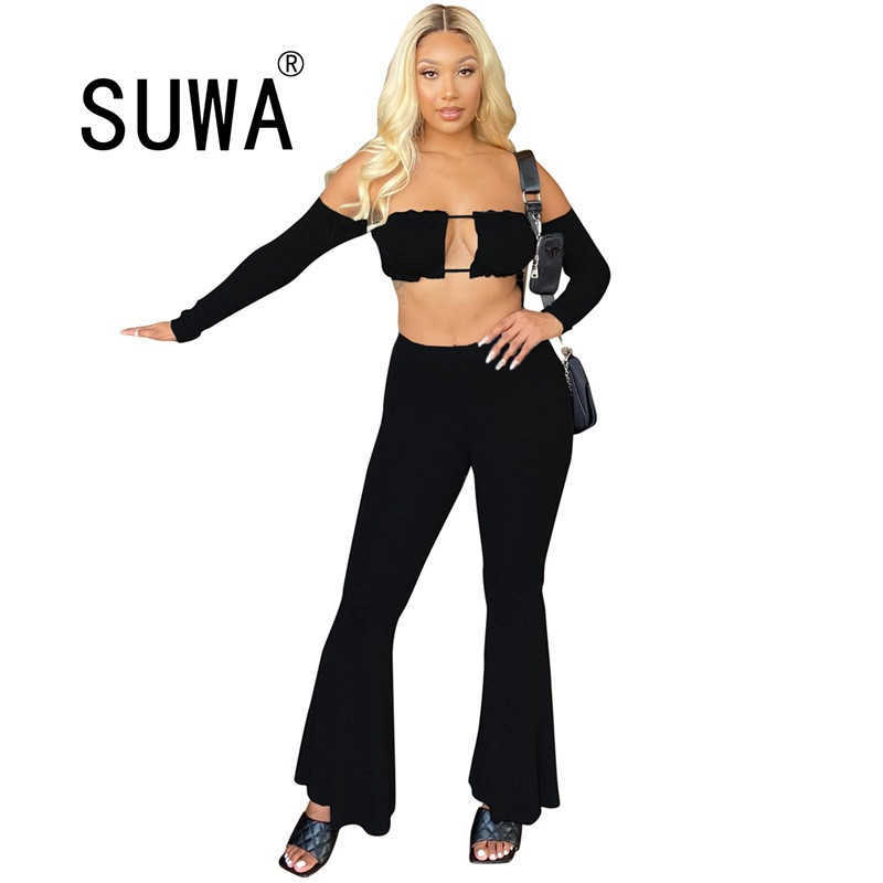 

Product Fashion Classic Sexy Trendy Chic Party 2 Piece Outfits Bra Crop Top Flare Pants Womens Sets 210525, Black