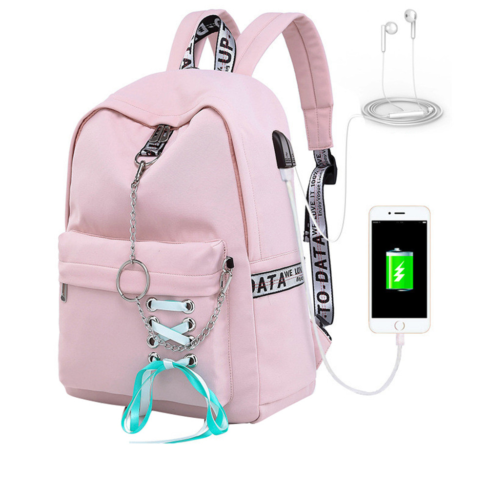 

USB Charge Women Backpack Fashion Nylon School Bag Teenager Girls Ribbons Laptop Backpack Travel bags Mochila Sac A Dos, Medium pink