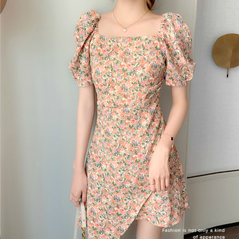 

2021 New Summer Floral French Style Designer Mini Slim Casual Chiffon Sleeve Vintage Retro Korean Women Pf8y, Style 2