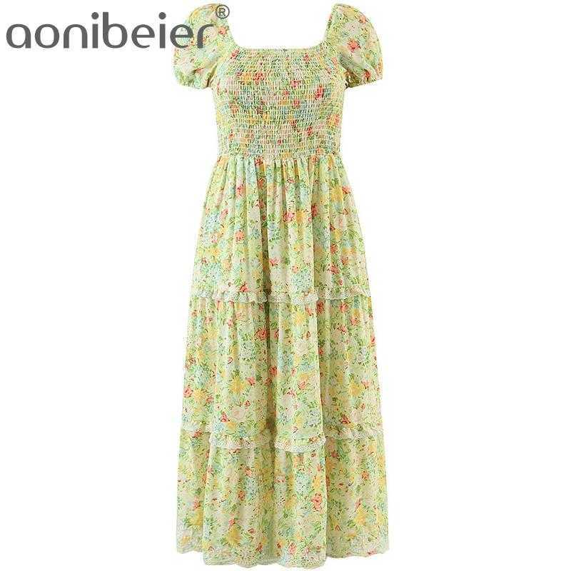 

Chic Embroidery Lettuce Trim Summer Printed Casual Beach Dress Puff Sleeve Shirred Body Women Tiered Midi Female 210604, 01