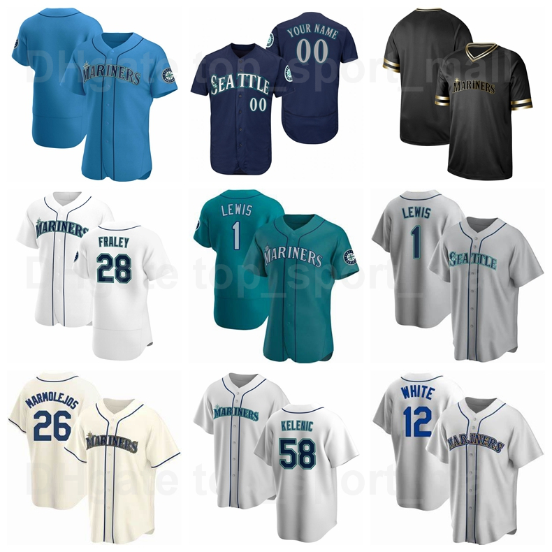 

Baseball 28 Jake Fraley Jersey 1 Kyle Lewis 12 Evan White 26 Jose Marmolejos 58 Jarred Kelenic Team Green Beige Navy Blue Grey, Blue;black