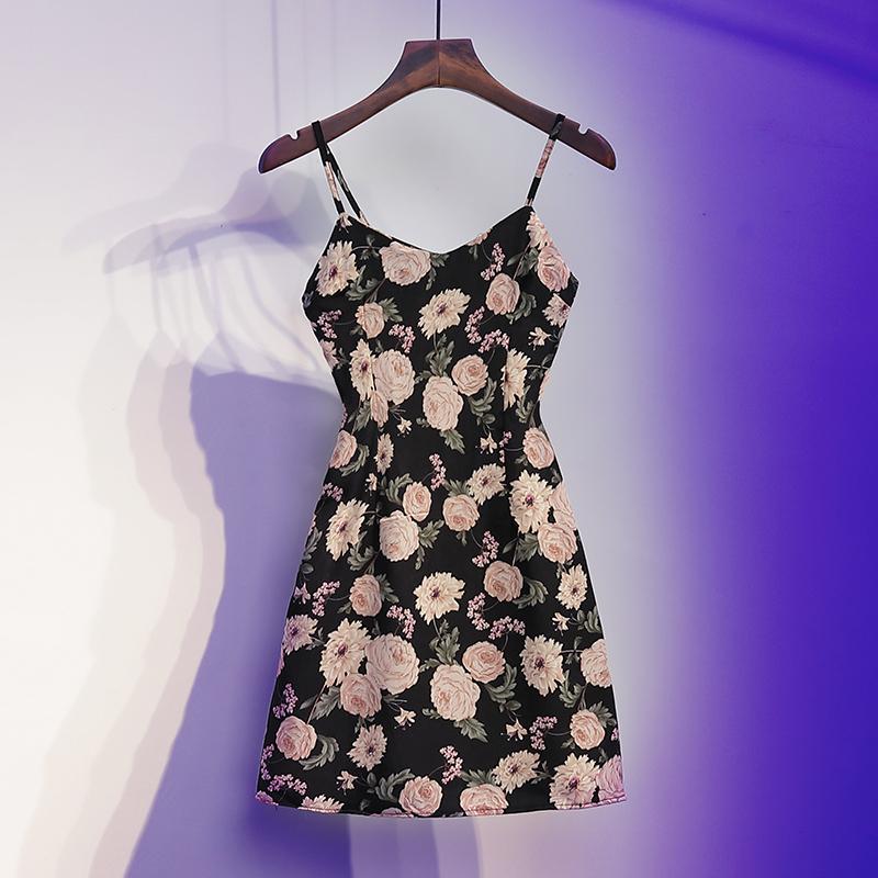 

Casual Dresses Floral Print Sexy Spaghetti Strap Dress Women Spring Summer Retro High Waist Fashion Female Mini, Black