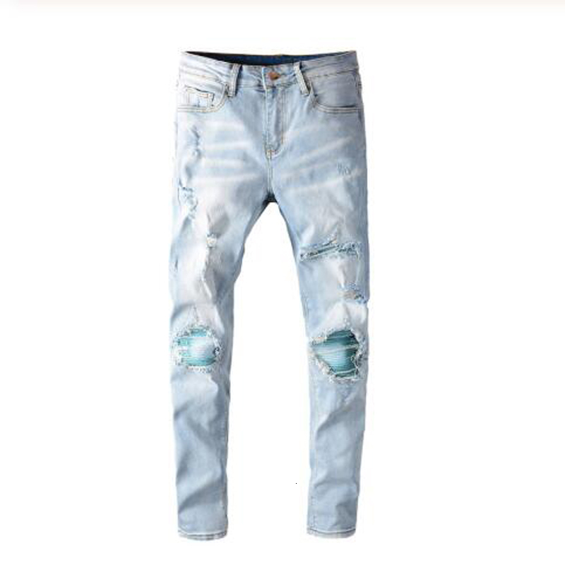 

2021 New Men's Male Fashion Light Blue Patchwork Ripped Biker Jeans Streetwear Slim Ny Holes Distressed Stretch Denim Pants Qvbk, Sky blue