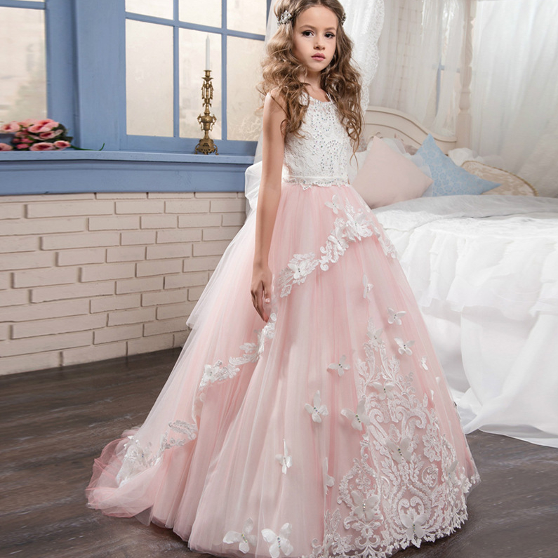 2021 Rose Dentelle Robe De Bal Princesse Petites Filles Pageant Robes Fuchsia Petit Bébé Camo Fleur Fille Robes pour Mariage avec Grand Arc